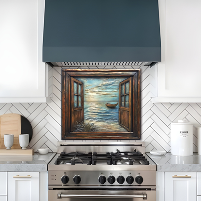 Wooden Window Prints One Piece Tempered Glass Kitchen Splashback For Stove Behind, Kitchen Backsplash, Wall Art