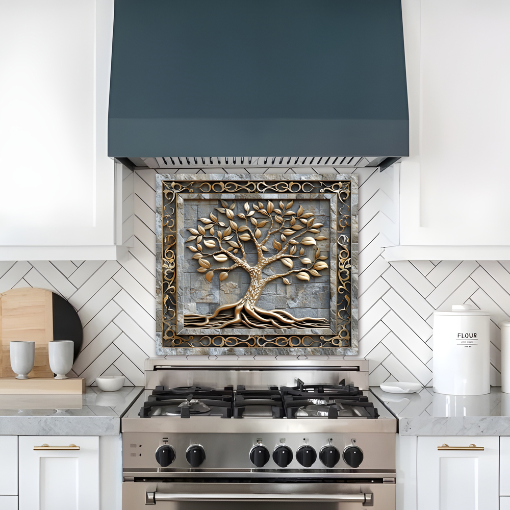 Carved Look Tree of Life Print One Piece Tempered Glass Kitchen Splashback For Stove Behind, Kitchen Backsplash, Wall Art