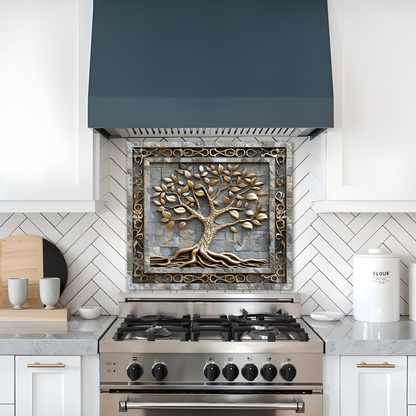 Carved Look Tree of Life Print One Piece Tempered Glass Kitchen Splashback For Stove Behind, Kitchen Backsplash, Wall Art