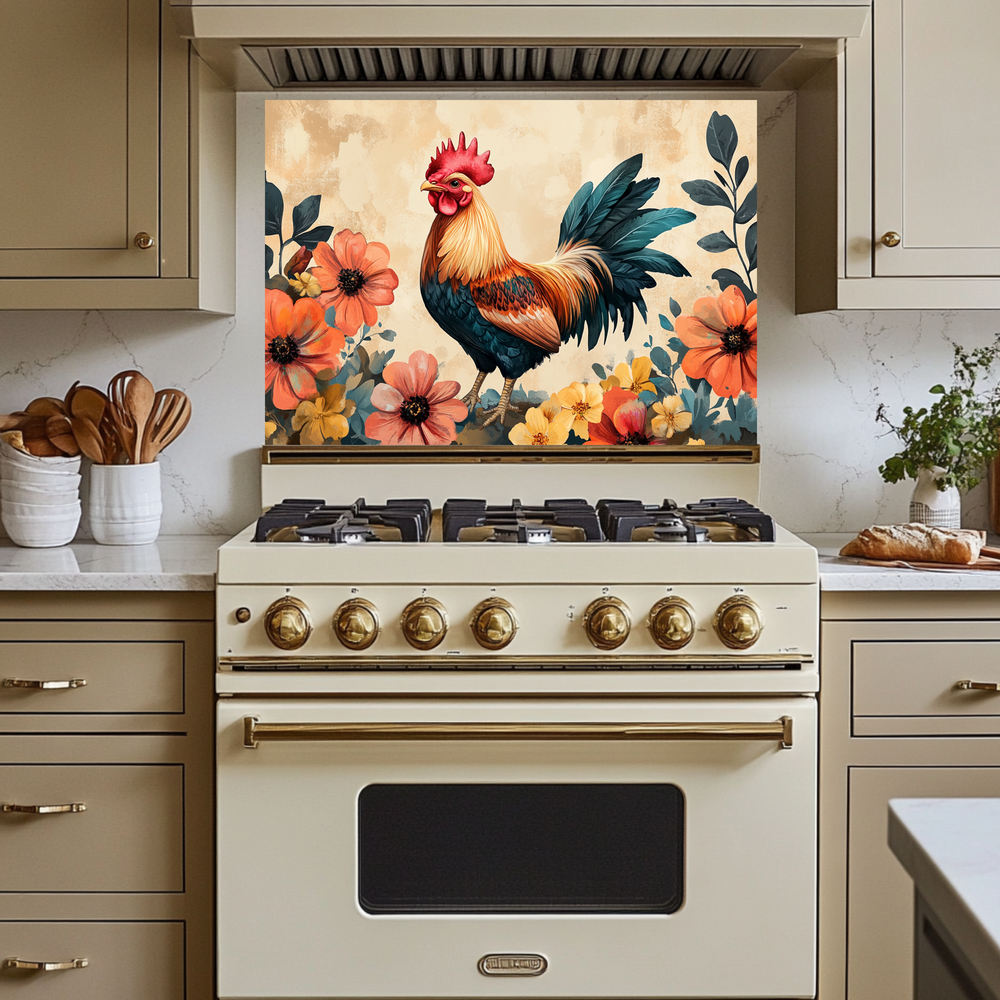 Rustic Colorful Rooster Glass Backsplash • Farmhouse Kitchen Panel • Vibrant Wall Art • Modern Home Decor • Decorative Kitchen Accent
