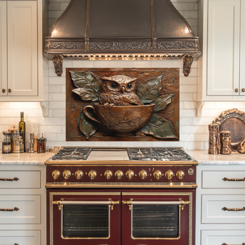 Rustic Owl Copper Look Glass Backsplash Panel, Embossed Style Owl Print on Tempered Glass Wall Art, Artistic Kitchen Splashback