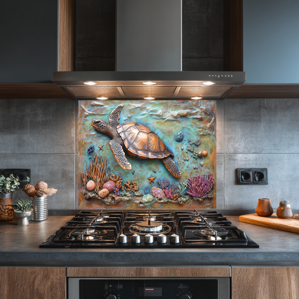 Copper Embossed Look Sea Turtle Glass Backsplash • Coastal Kitchen Panel • Artistic Ocean Texture • Nautical Decorative Panel