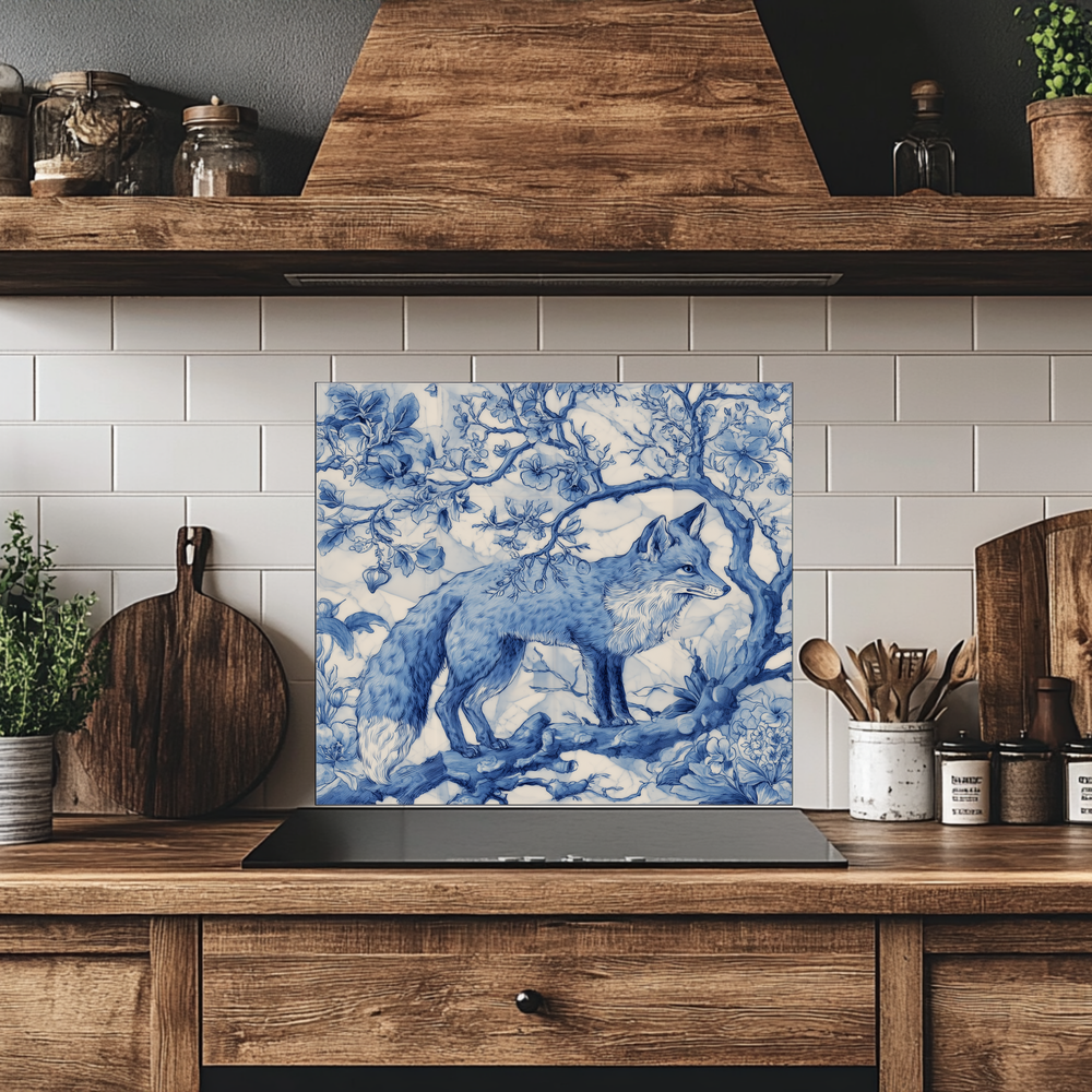 Delft Blue Fox Kitchen Glass Backsplash • Stove Behind Cover • Nature Inspired Kitchen Splashback Panel • Blue-White Home Decor