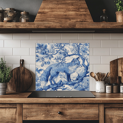 Delft Blue Fox Kitchen Glass Backsplash • Stove Behind Cover • Nature Inspired Kitchen Splashback Panel • Blue-White Home Decor