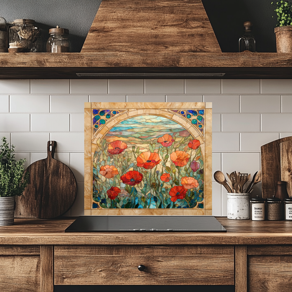 Colorful Poppy Flowers Glass Backsplash • Artistic Floral Kitchen Panel • Bold Botanical Wall Accent • Vibrant Modern Home Decor