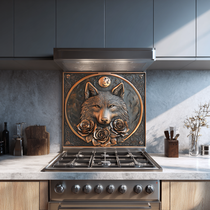 Copper Look Wolf and Roses Glass Backsplash Panel, Tempered Glass Wall Art, Rustic Kitchen Decor, Floral Wolf Design, Modern Stove Protector