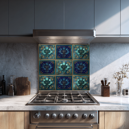Glass Backsplash, Pattern Tile Look One Piece Tempered Glass Kitchen Splashback For Stove Behind, Blue Tile Backsplash, Kitchen Backsplash