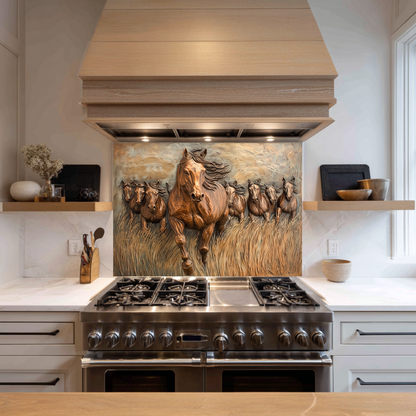Glass Backsplash with Copper Horses, Tempered Wall Art Panel, Horse Kitchen Decor, Rustic Animal Tile