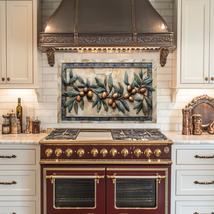 Copper Look Olive Branches One Piece Tempered Glass Kitchen Splashback For Stove Behind, Kitchen Backsplash, Wall Art