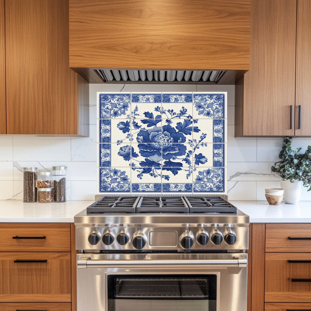 Floral Delft Blue Glass Backsplash, Blue White Dutch Style Wall Art, Custom Printed Glass Panel, Made in USA