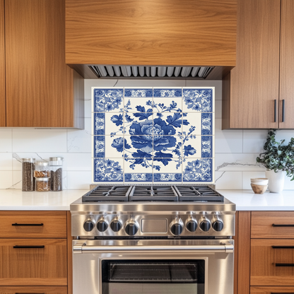 Floral Delft Blue Glass Backsplash, Blue White Dutch Style Wall Art, Custom Printed Glass Panel, Made in USA