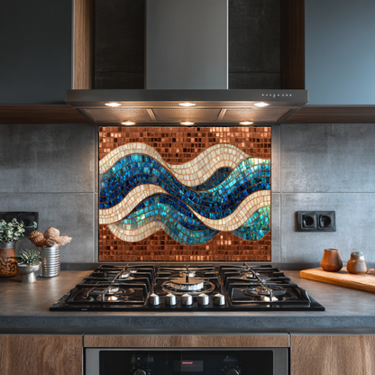 Mosaic Copper Ocean Wave Glass Backsplash • Coastal Wall Art Panel • Artistic Blue Water Kitchen Decor • Textured Nautical Design