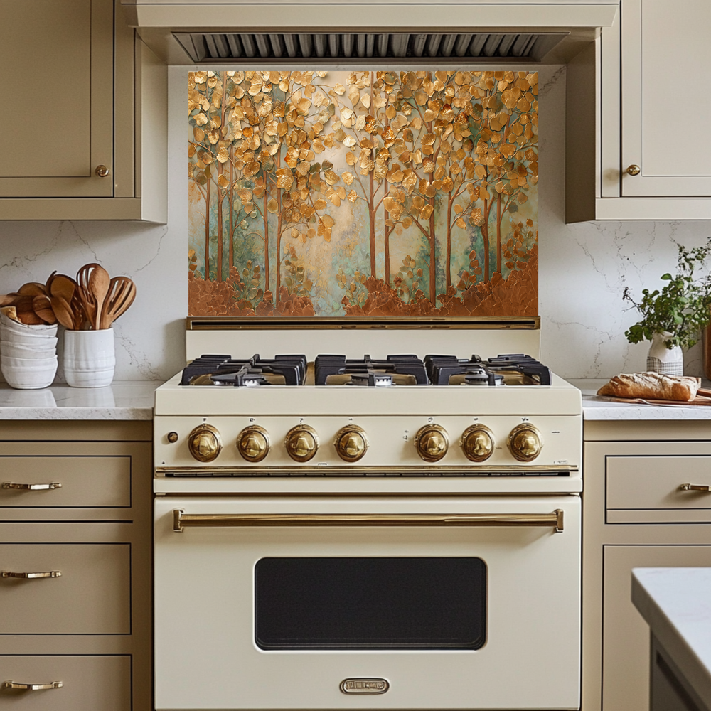 Forest Nature Artwork in Copper Tones Printed Tempered Glass Kitchen Splashback Backsplash Wall Panel for Modern Rustic Decor