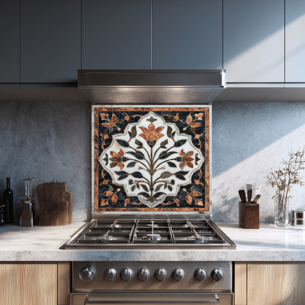 Turkish Tile Pattern Glass Backsplash Panel, Tempered Glass Wall Art, Traditional Anatolian Design, Elegant Kitchen Decor, Stove Protector