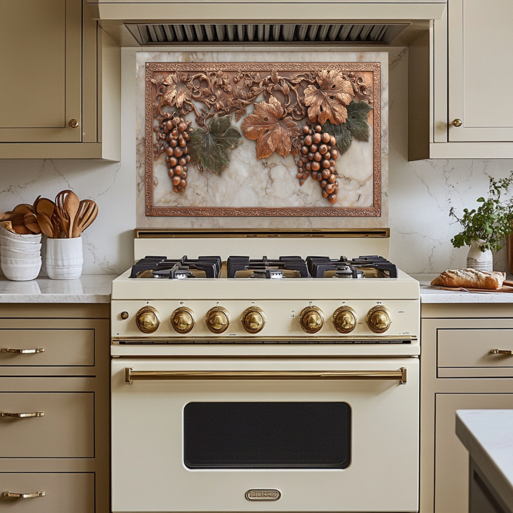 Copper Grape and Vine on Marble Design Printed Tempered Glass Kitchen Backsplash Splashback Decorative Wall Panel for Modern Home Decor