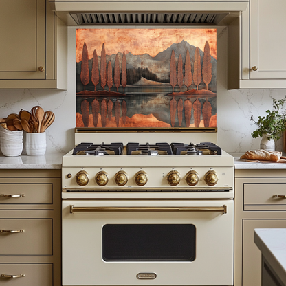 Copper Look Nature Landscape Glass Backsplash • Rustic Wall Art Panel • Mountain River Home Decor • Earthy Decorative Piece