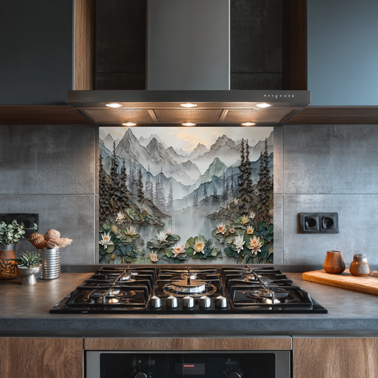 Made in USA, Floral Landscape Glass Backsplash & Wall Art – Pine Tree Splashback