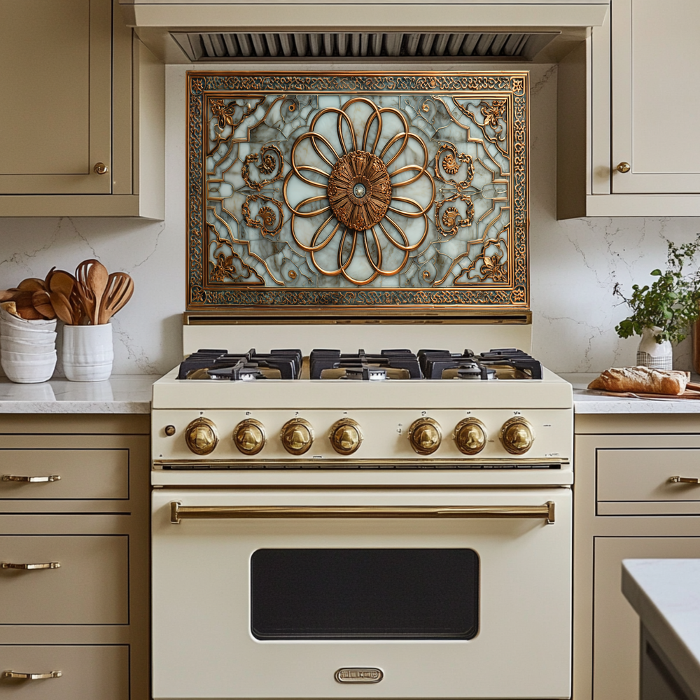 Copper Look Ottoman Tile Pattern Printed Tempered Glass Kitchen Backsplash Decorative Wall Panel for Stove Behind and Interior Decor
