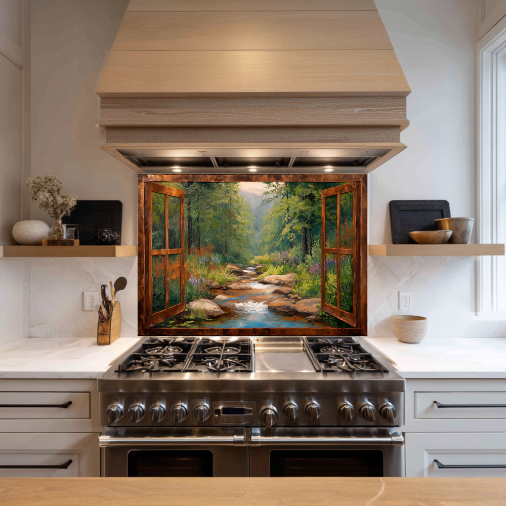 Nature View Glass Backsplash Panel, Scenic Landscape Tempered Glass Wall Art, Serene Kitchen Decor, Window Style Nature Scene, Home Accent