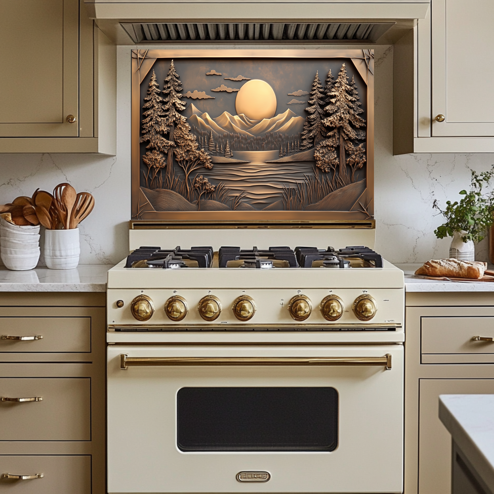 Copper Look Landscape Printed Tempered Glass Kitchen Splashback Backsplash Decorative Wall Art Panel for Modern Interiors