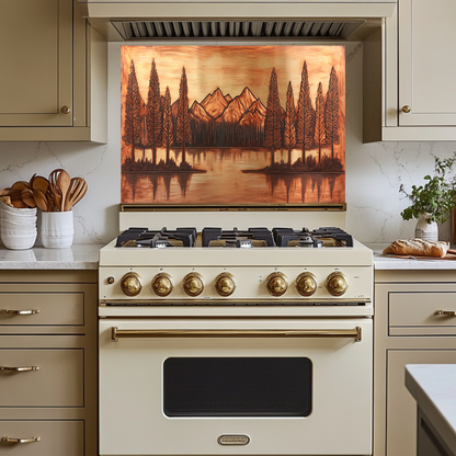 Copper Tone Mountain & Glass Tree Landscape Printed Tempered Glass Kitchen Backsplash Splashback or Wall Art Panel