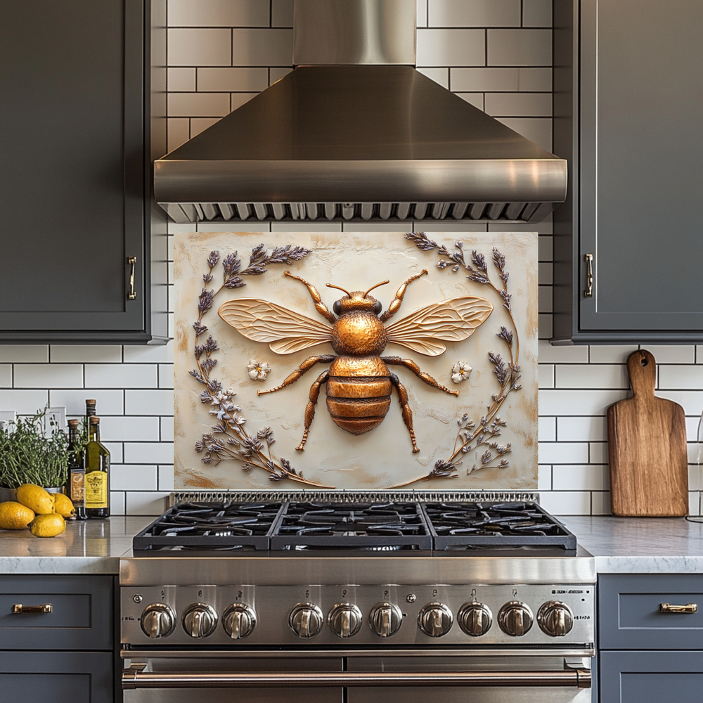 One Piece Tempered Glass Kitchen Splashback For Stove Behind, Copper Bee Look Backsplash