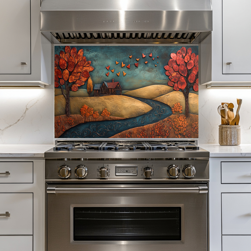 Romantic House Landscape with Hearts Printed Tempered Glass Kitchen Backsplash Splashback or Wall Art Panel for Cozy Home Decor