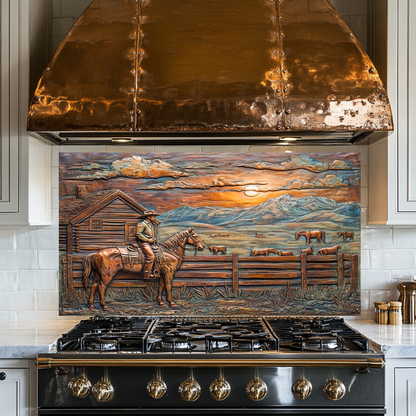 Copper Look Farm House One Piece Tempered Glass Kitchen Splashback For Stove Behind, Kitchen Backsplash, Wall Art