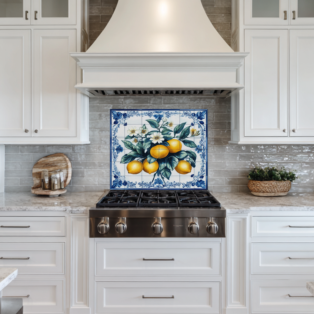 Lemon Branches One Piece Tempered Glass Kitchen Splashback For Stove Behind, Kitchen Backsplash, Wall Art