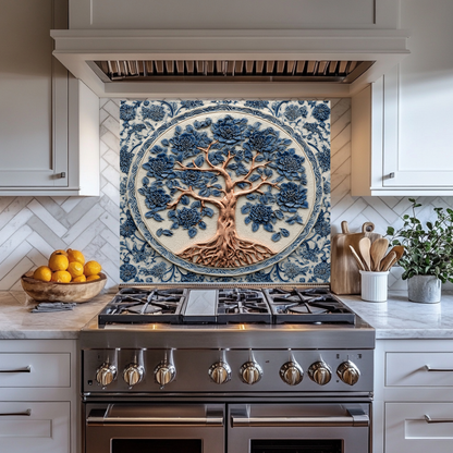 Delft Blue Tree of Life Kitchen Glass Backsplash • Stove Behind Cover • Nature Inspired Kitchen Splashback Panel • Colorful Home Decor