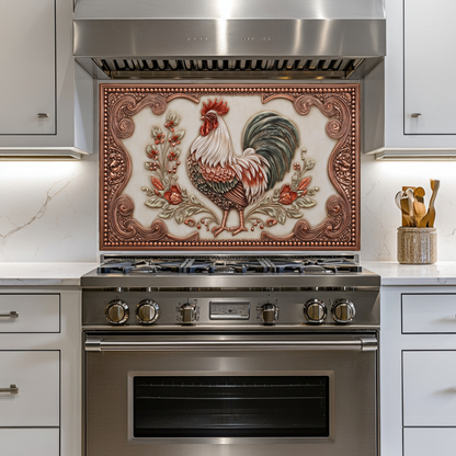Copper Embossed Mediterranean Rooster Glass Backsplash • Rustic Kitchen Panel • Artistic Farmhouse Tile Design • Traditional Wall Piece