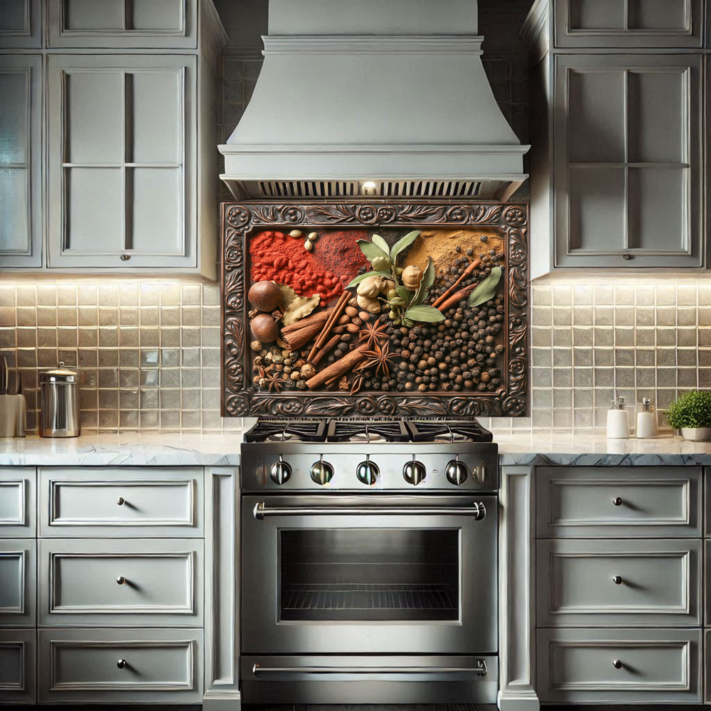 Copper Look Spices Print One Piece Tempered Glass Kitchen Splashback For Stove Behind, Kitchen Backsplash, Wall Art