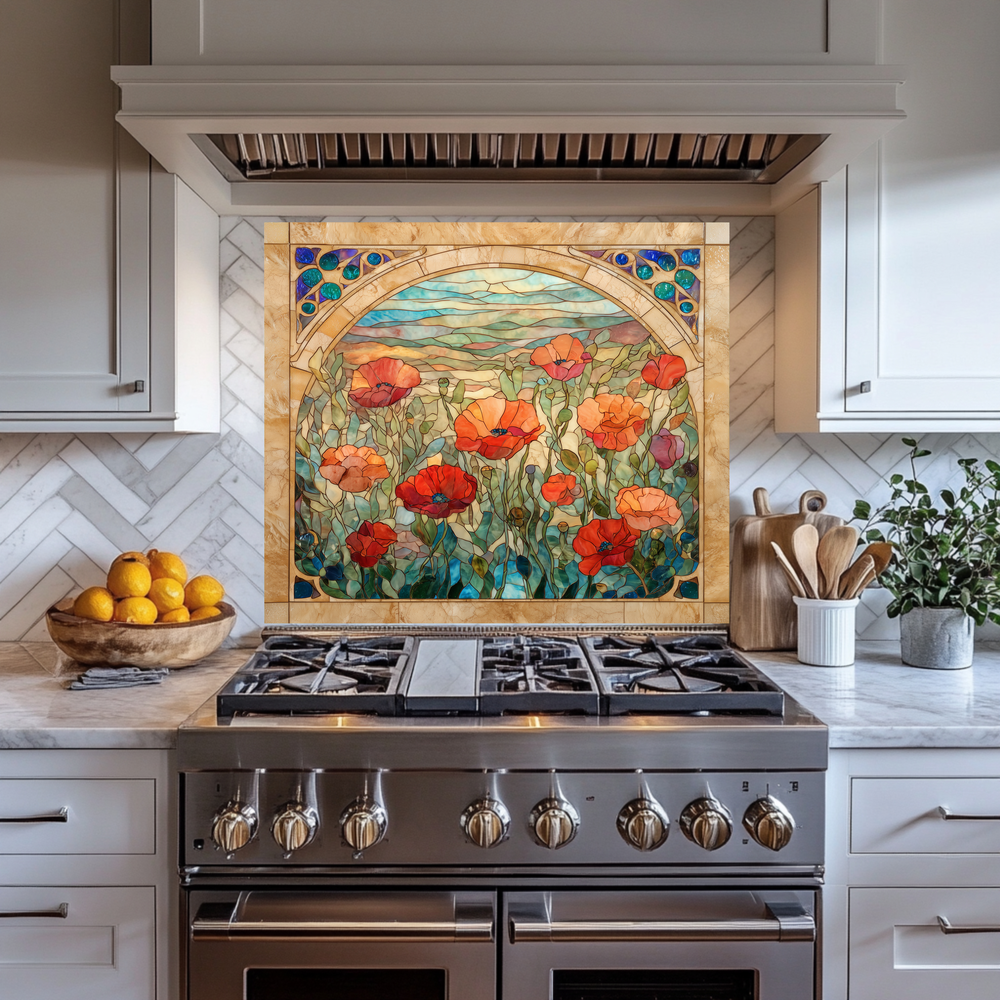 Colorful Poppy Flowers Glass Backsplash • Artistic Floral Kitchen Panel • Bold Botanical Wall Accent • Vibrant Modern Home Decor