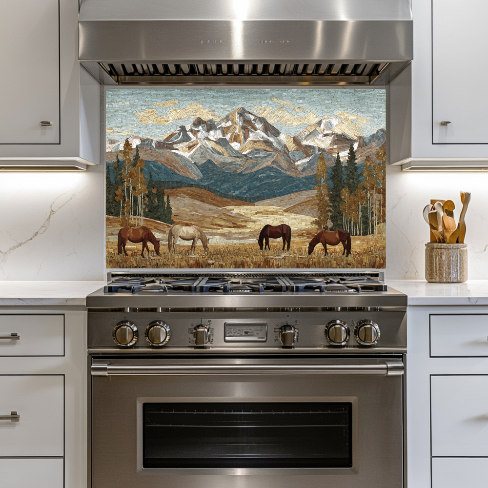 Nature and Horses Mosaic Glass Backsplash • Rustic Kitchen Panel • Artistic Equestrian Wall Art • Scenic Animal Design