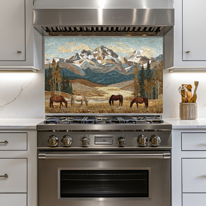 Nature and Horses Mosaic Glass Backsplash • Rustic Kitchen Panel • Artistic Equestrian Wall Art • Scenic Animal Design