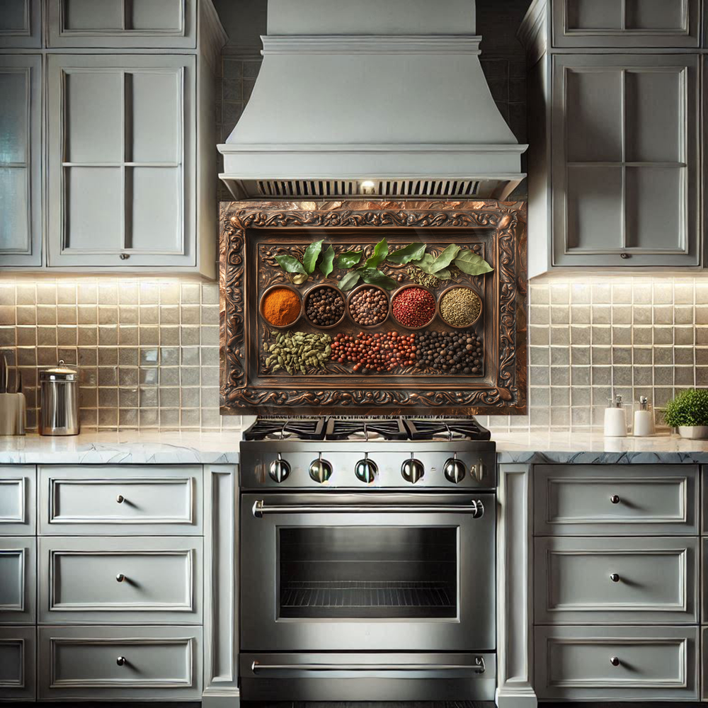 Copper Look Spice Bowls Print One Piece Tempered Glass Kitchen Splashback For Stove Behind, Kitchen Backsplash, Wall Art