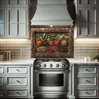 Copper Look Spice Bowls Print One Piece Tempered Glass Kitchen Splashback For Stove Behind, Kitchen Backsplash, Wall Art