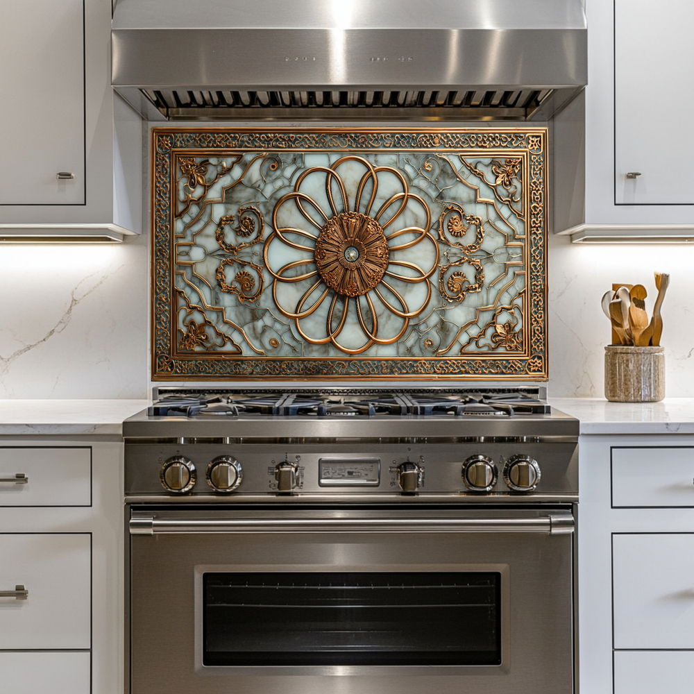 Copper Look Ottoman Tile Pattern Printed Tempered Glass Kitchen Backsplash Decorative Wall Panel for Stove Behind and Interior Decor