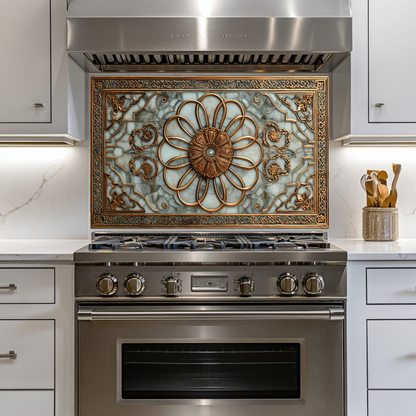 Copper Look Ottoman Tile Pattern Printed Tempered Glass Kitchen Backsplash Decorative Wall Panel for Stove Behind and Interior Decor