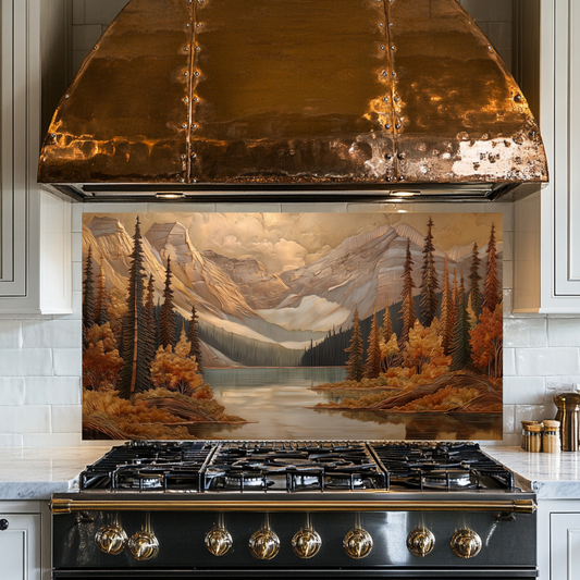 Handmade in USA Pine Tree and Mountain Glass Backsplash, Tempered Glass Splashback and Stove Behind Top Cover, Kitchen Sink Cover