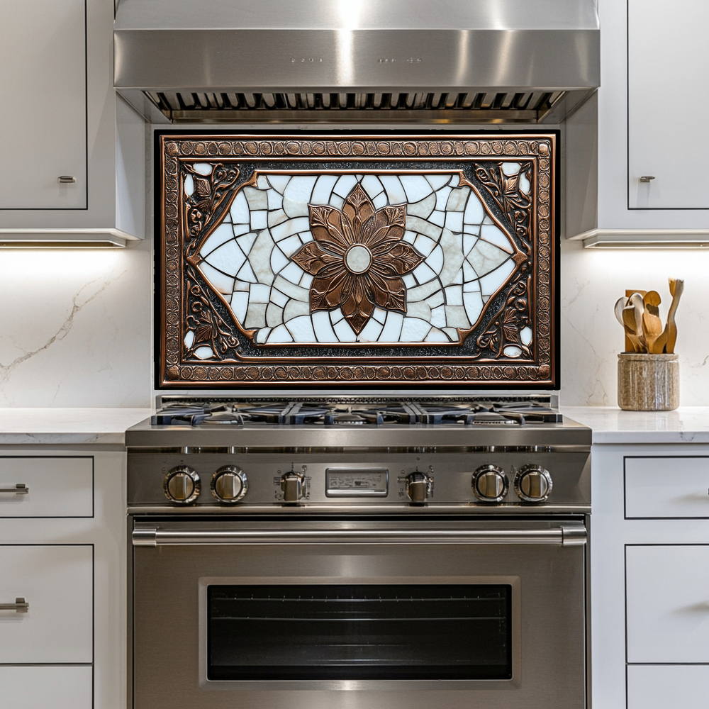 Copper Ottoman Tile Pattern Printed Tempered Glass Kitchen Splashback Backsplash Decorative Wall Panel for Stove Behind and Interior Decor