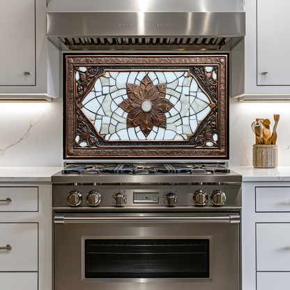 Copper Ottoman Tile Pattern Printed Tempered Glass Kitchen Splashback Backsplash Decorative Wall Panel for Stove Behind and Interior Decor