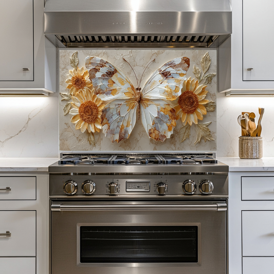 Flower and Butterfly Glass Backsplash • Kitchen Wall Panel • Colorful Nature Art • Modern Home Decor • Decorative Kitchen Accent
