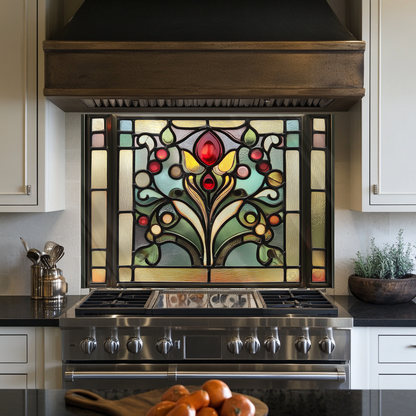 Stained Glass One Piece Tempered Glass Kitchen Splashback For Stove Behind, Kitchen Backsplash, Wall Art