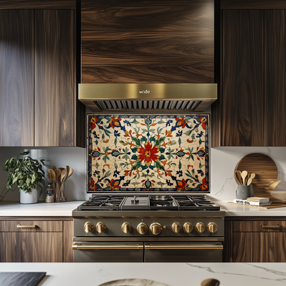 Red Ottoman Patterns One Piece Tempered Glass Kitchen Splashback For Stove Behind, Kitchen Backsplash, Kitchen Backsplash, Wall Art