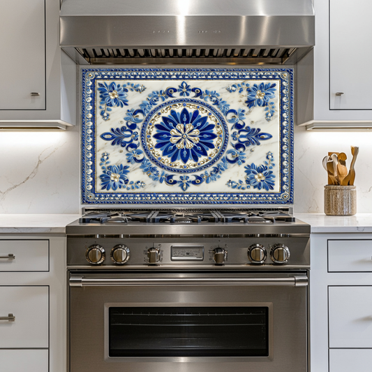 Turkish Tile Pattern Glass Backsplash Panel, Tempered Glass Wall Art, Traditional Anatolian Design, Elegant Kitchen Decor, Stove Protector