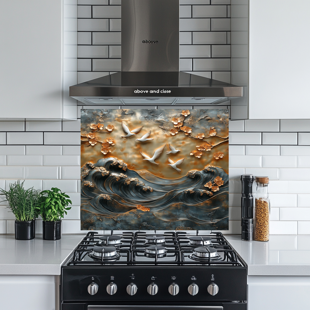 Waves and Pigeons Prints One Piece Tempered Glass Kitchen Splashback For Stove Behind, Kitchen Backsplash, Wall Art