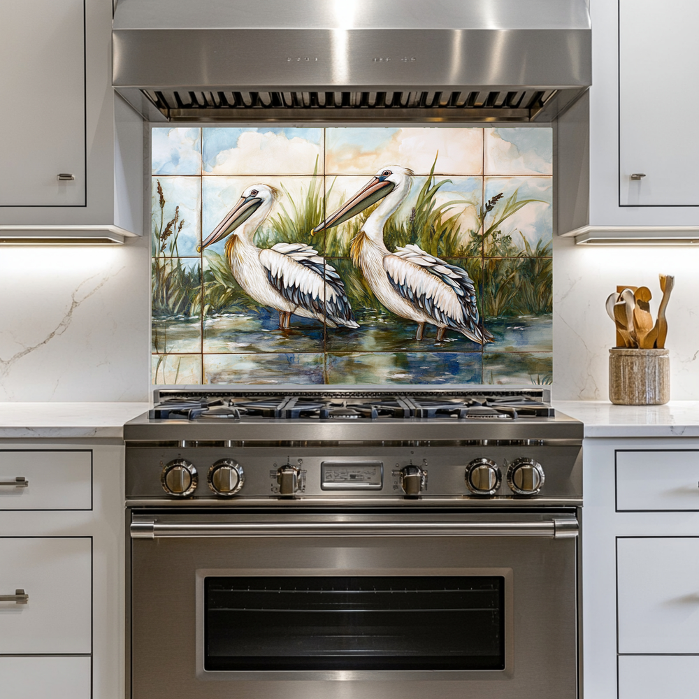 Two Pelican Prints One Piece Tempered Glass Kitchen Splashback For Stove Behind, Kitchen Backsplash, Wall Art