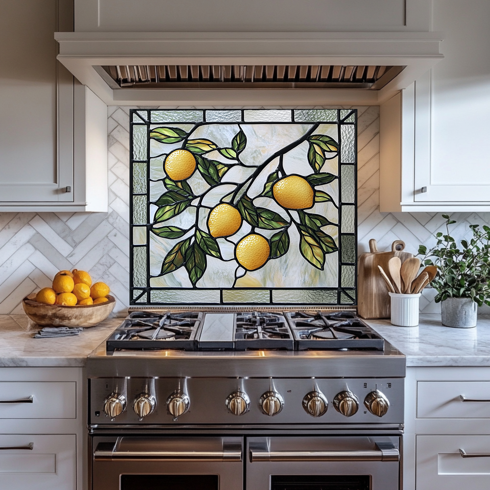 Stained Glass Look Kitchen Backsplash, Lemon Tile One Piece Tempered Glass Kitchen Splashback For Stove Behind, Oven Backsplash (Kopya)