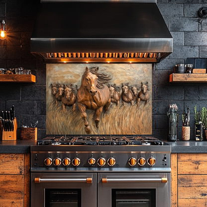 Glass Backsplash with Copper Horses, Tempered Wall Art Panel, Horse Kitchen Decor, Rustic Animal Tile